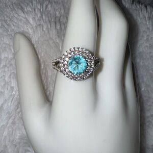 Beautiful Sterling Lab Created Paraiba Tourmaline w/CZ's Ring, size 10